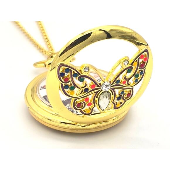 Jewel Butterfly Pocket Watch – Vibrant Crystals, Gold Finish, Fashion Accessory - Picture 2 of 11